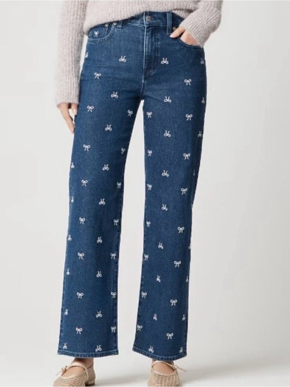 J. Crew Dark Blue Wide-Leg Jeans with White Bow Embroidery - Picture 1 of 7